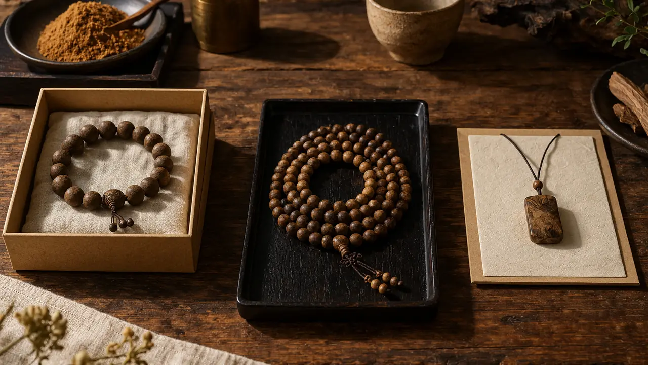 Four illustrative incense bead programs: bracelet launch, engraved gift sets, 108-bead strands and loose beads by weight