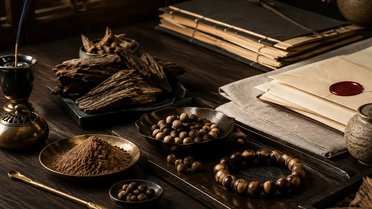 Folder of export documents, ingredient declaration and a CITES permit copy beside agarwood and sandalwood incense beads