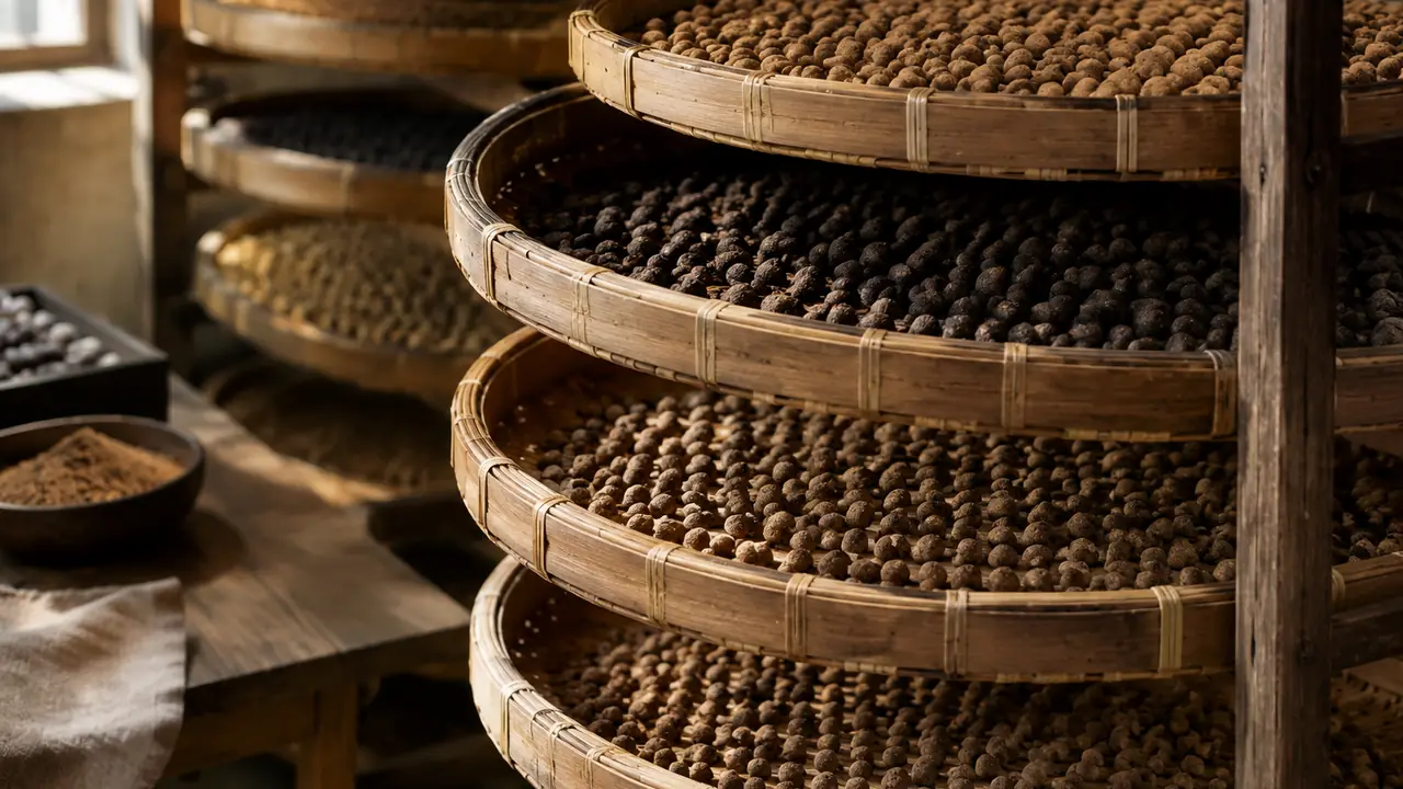 Hand-rolled incense beads drying on shaded trays beside a calendar and a table of minimum order quantities and lead times