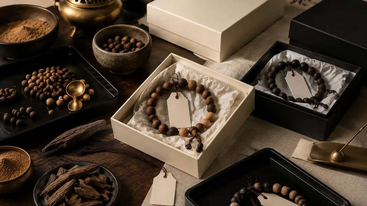 Incense tablets with an engraved logo beside hang tags, a cloth bag and a kraft gift box ready for private label