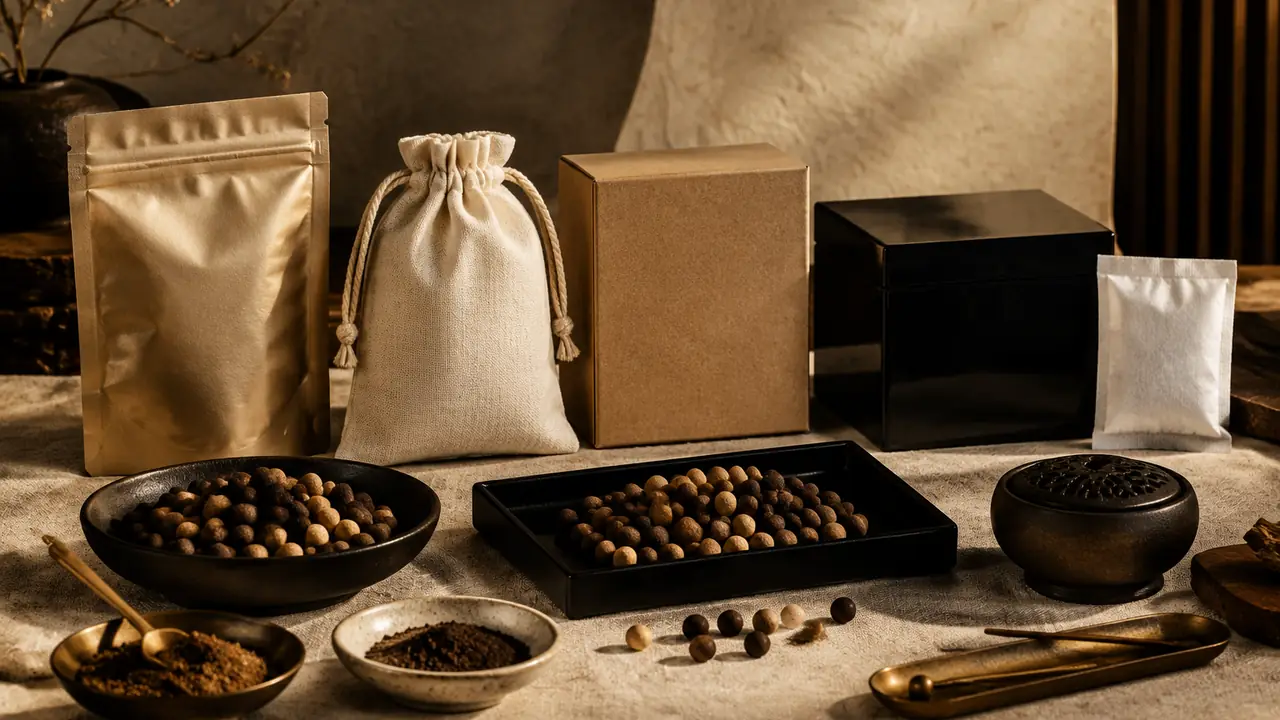 Foil pouch with desiccant, cloth bag and kraft and lacquer-style gift boxes with inserts holding incense bead bracelets
