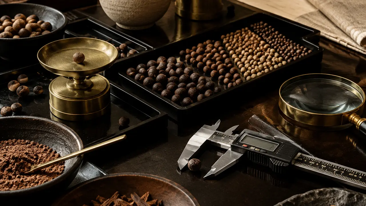 Incense bead quality control table with calipers, scale, magnifier and a retained sample jar beside a checklist