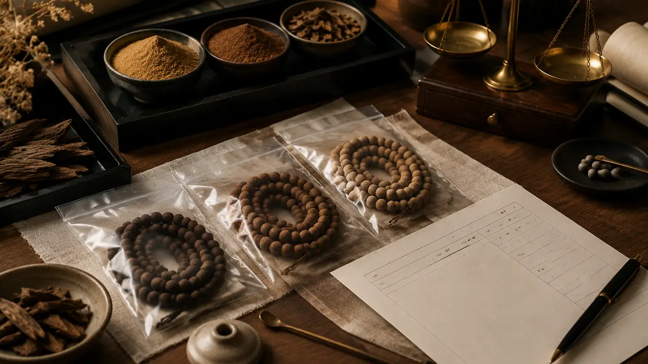 Eight-step incense bead sourcing process from brief and formula sheet through samples, batch, inspection and shipping