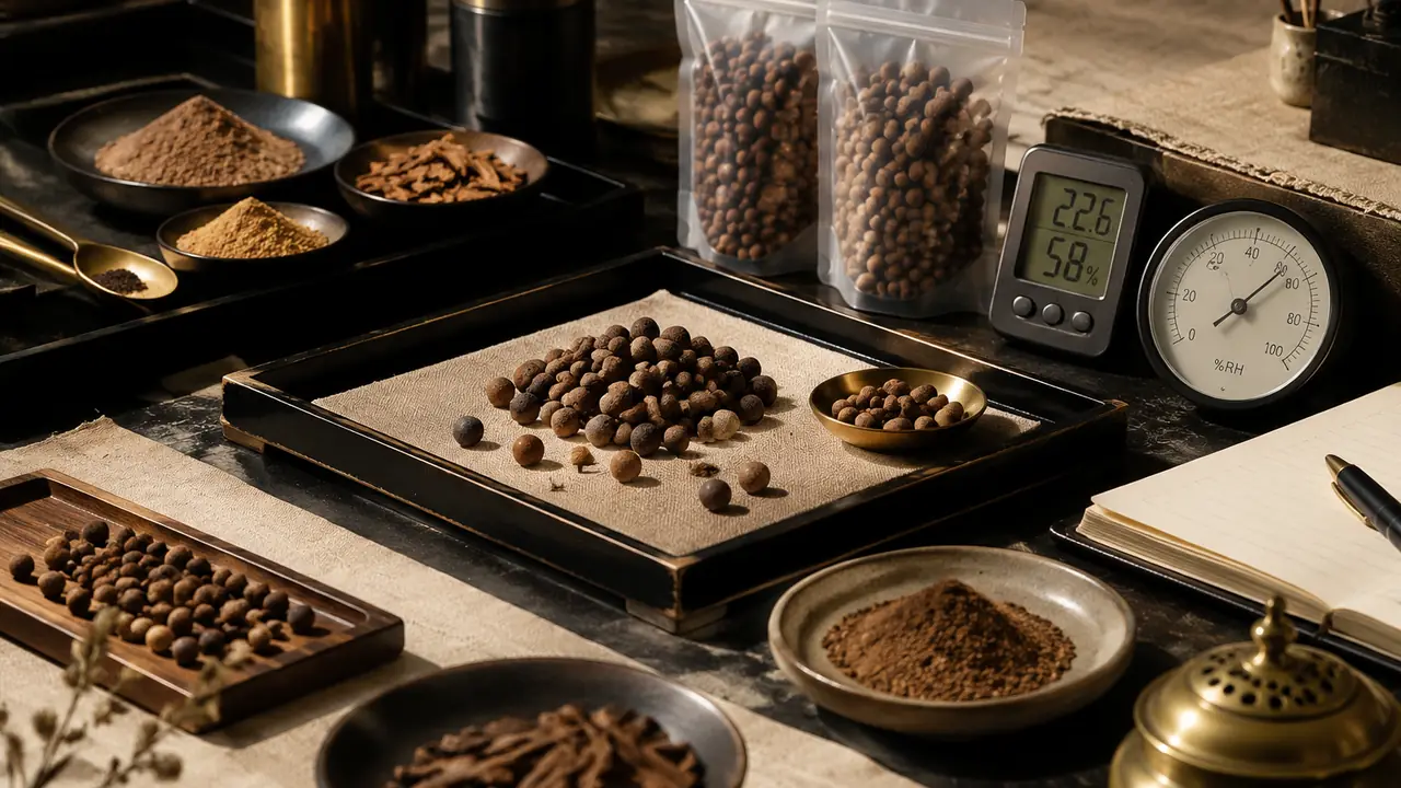 Digital calipers, a small scale, hygrometer and magnifier laid out beside incense beads and a sample jar for testing