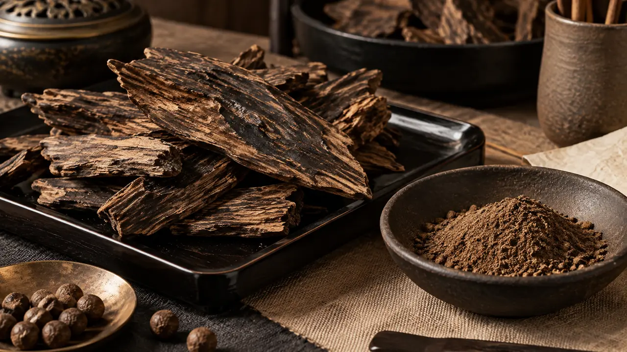 Agarwood guide: dark resinous agarwood chips, fine agarwood powder in a dish and a sieve on a wooden table