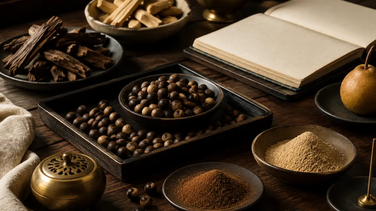 Ancient incense formulas: an open old Chinese incense recipe book beside agarwood, sandalwood and a small dish of incense beads