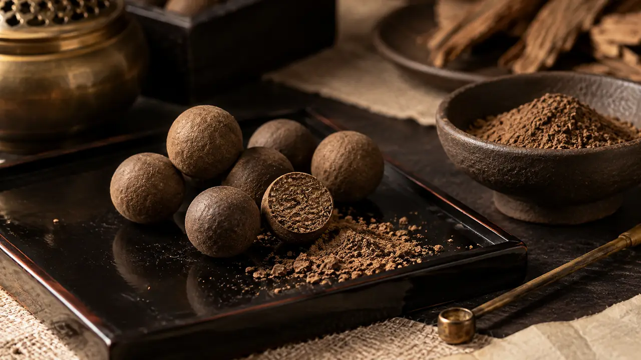 Blended incense beads in several shades beside small dishes of sandalwood, agarwood and nanmu powders and a printed formula sheet