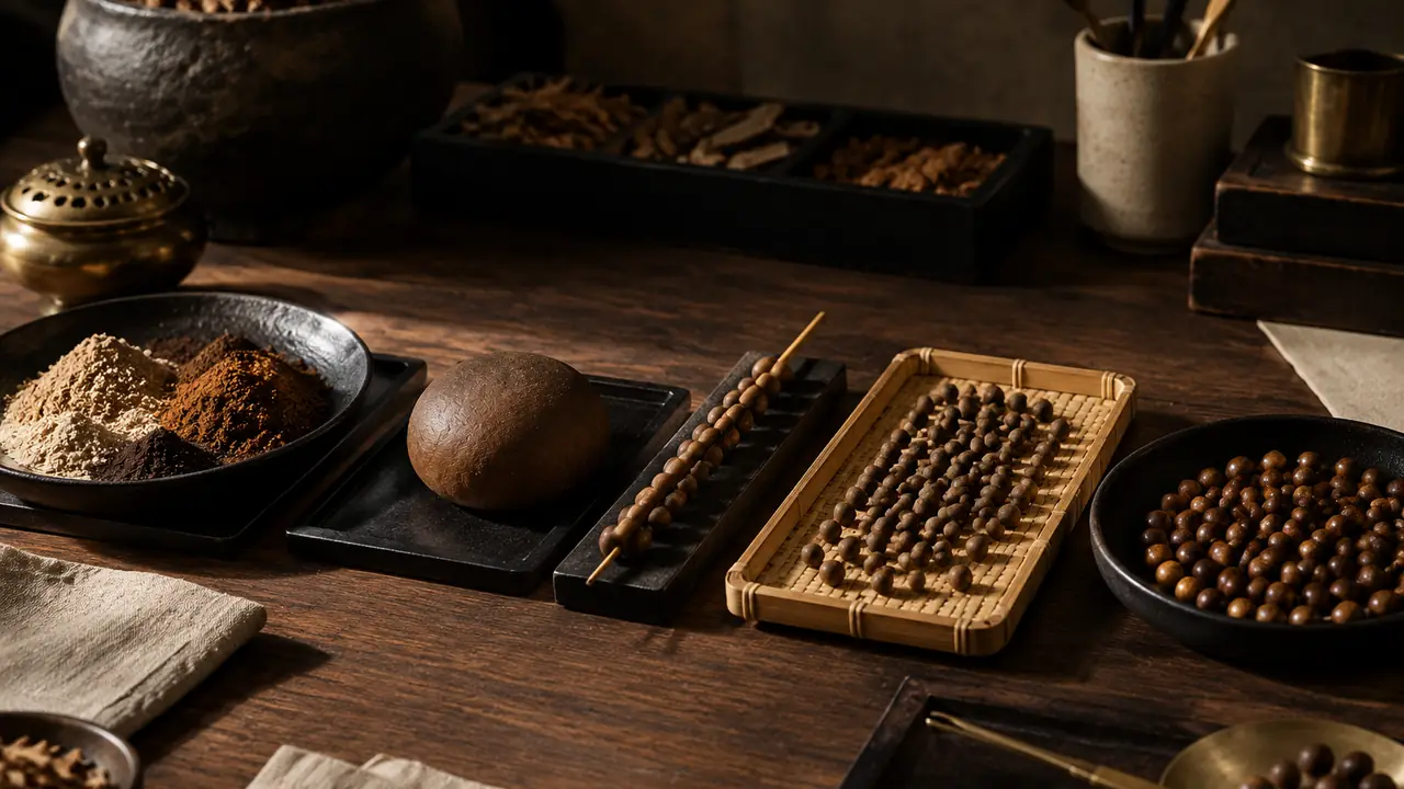 Incense bead making process: dough being rolled into beads by hand, steel pins and trays of beads drying in shade