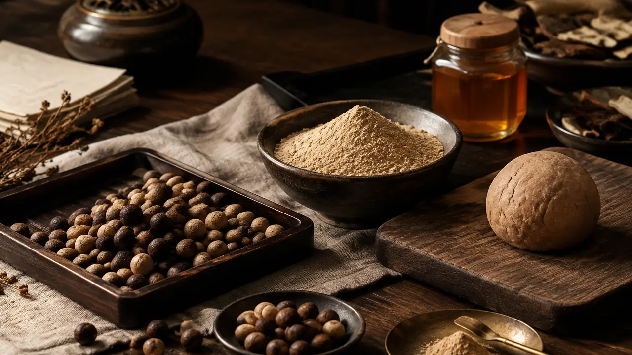 Nanmu bark powder in a small dish with a pestle beside a half-rolled incense bead and a jar of honey