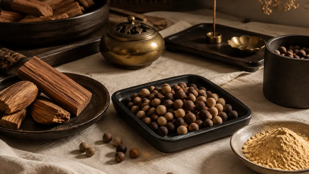 Sandalwood guide: pale sandalwood billets, fine sandalwood powder in a dish and a small sieve on a table