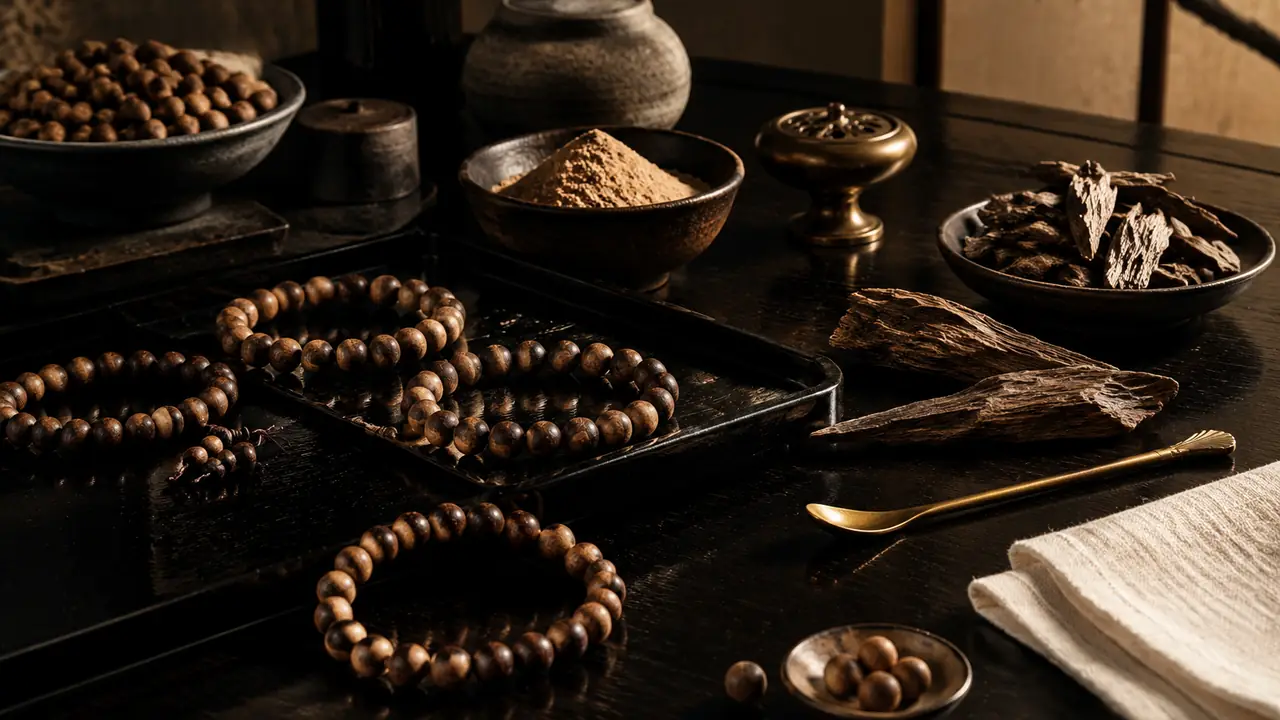 Strands of hand-rolled incense bead bracelets, sandalwood powder and a brass spoon on a black lacquer table