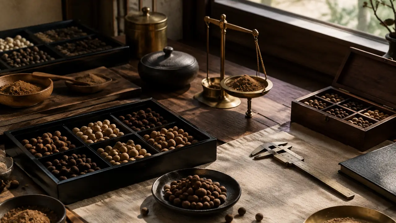 Sourcing desk with incense bead samples, a notebook of formula sheets and a small balance scale
