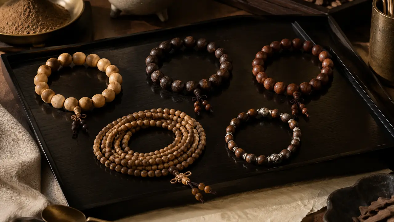 Five incense bead bracelets in sandalwood, agarwood, goose pear, 108-bead and silver-set styles laid on linen
