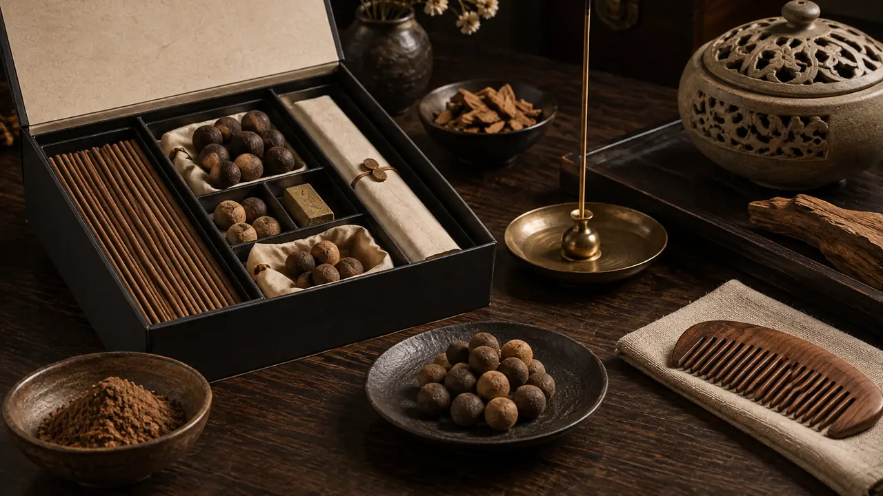 Incense sticks in a box, aged incense pills, a sandalwood comb, a small spoon, tongs and a ceramic holder on a tray