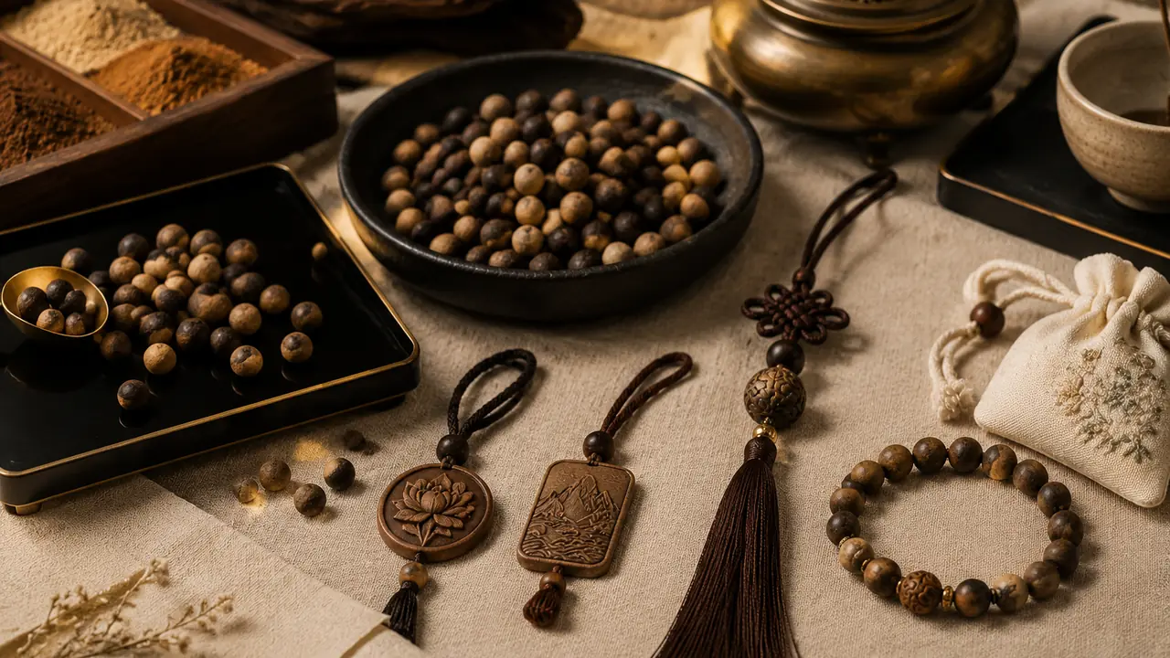 Incense tablet pendants, a tasselled car charm and a bracelet with an embroidered sachet laid out on linen