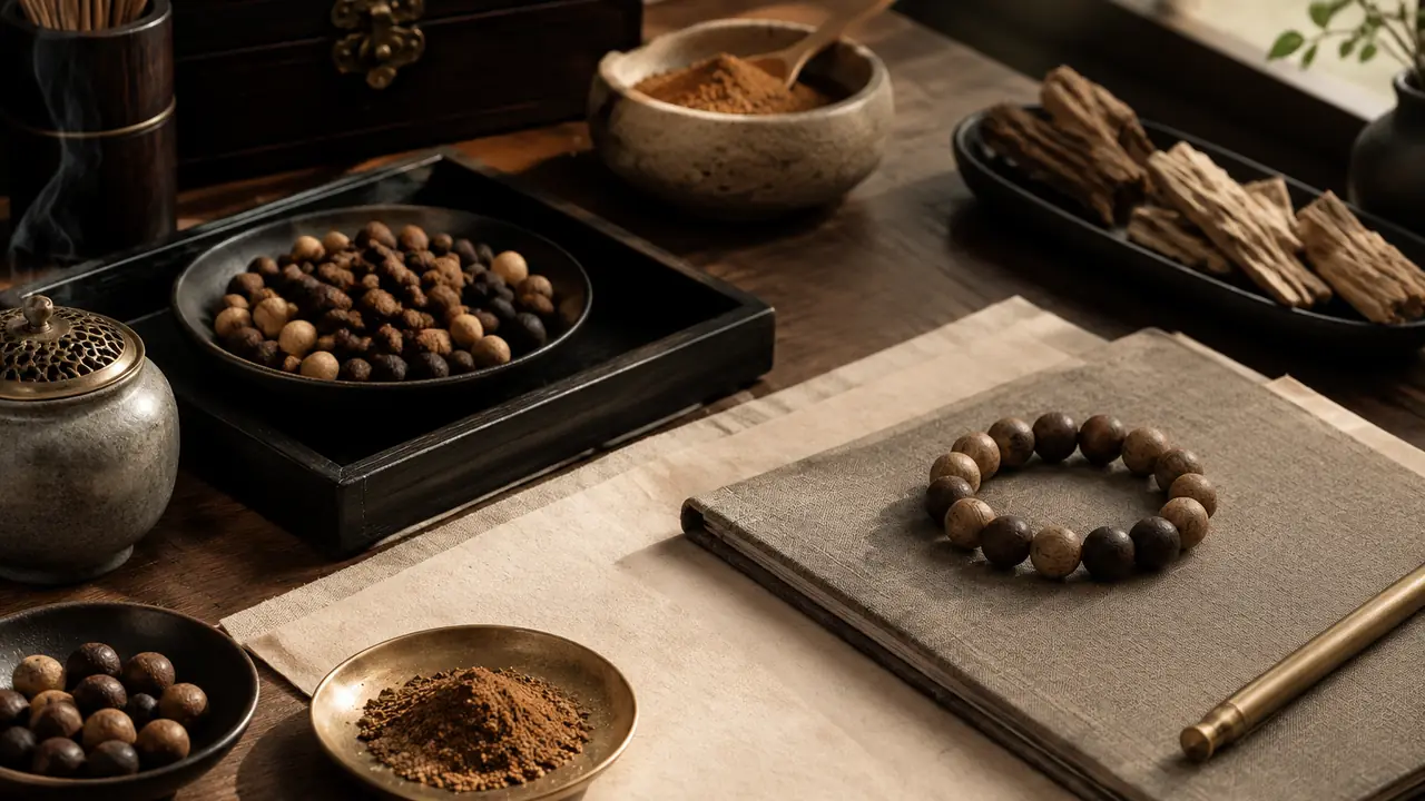 Closed folder and a pen on a desk beside a small bowl of incense beads, representing written terms