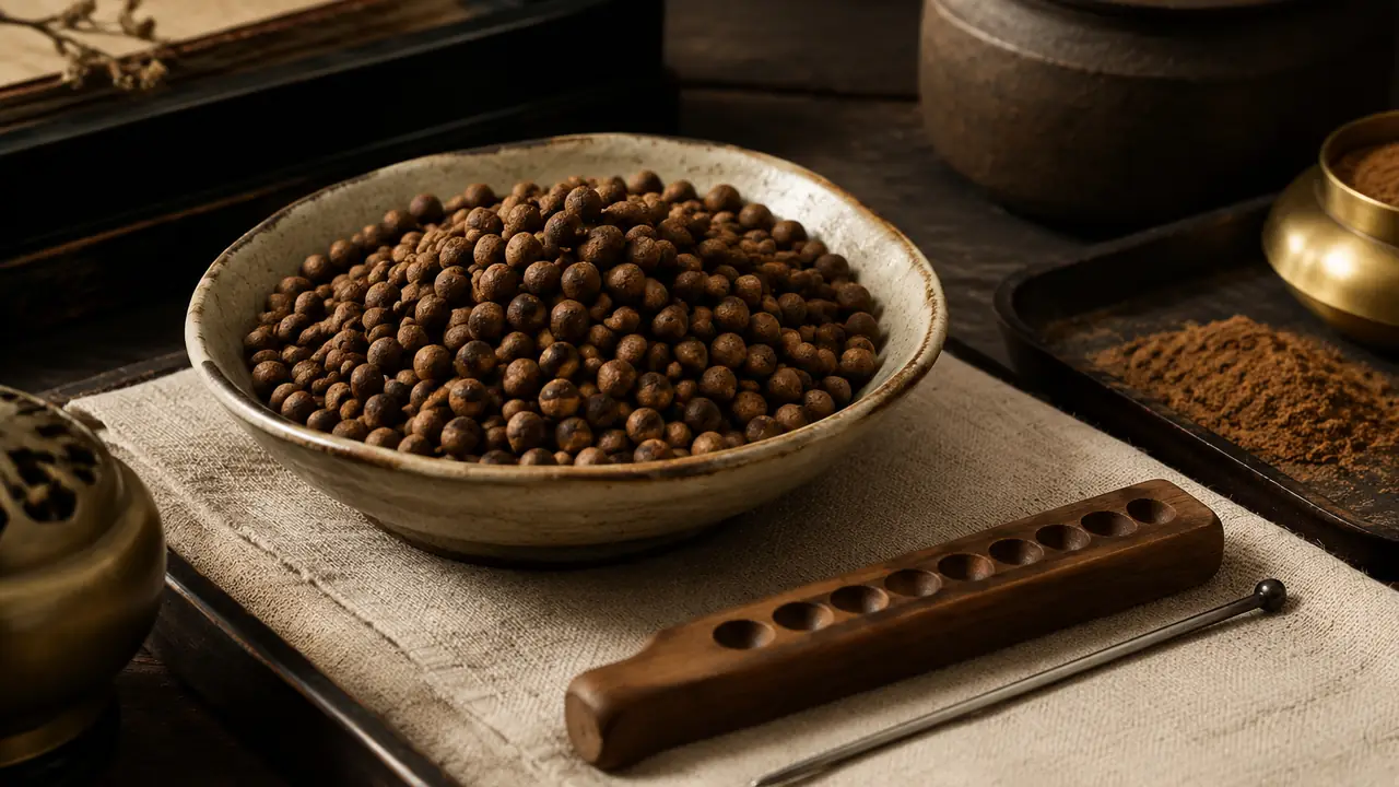 Sorted loose incense beads in several sizes in small jars beside a formula sheet and a mortar of sandalwood powder