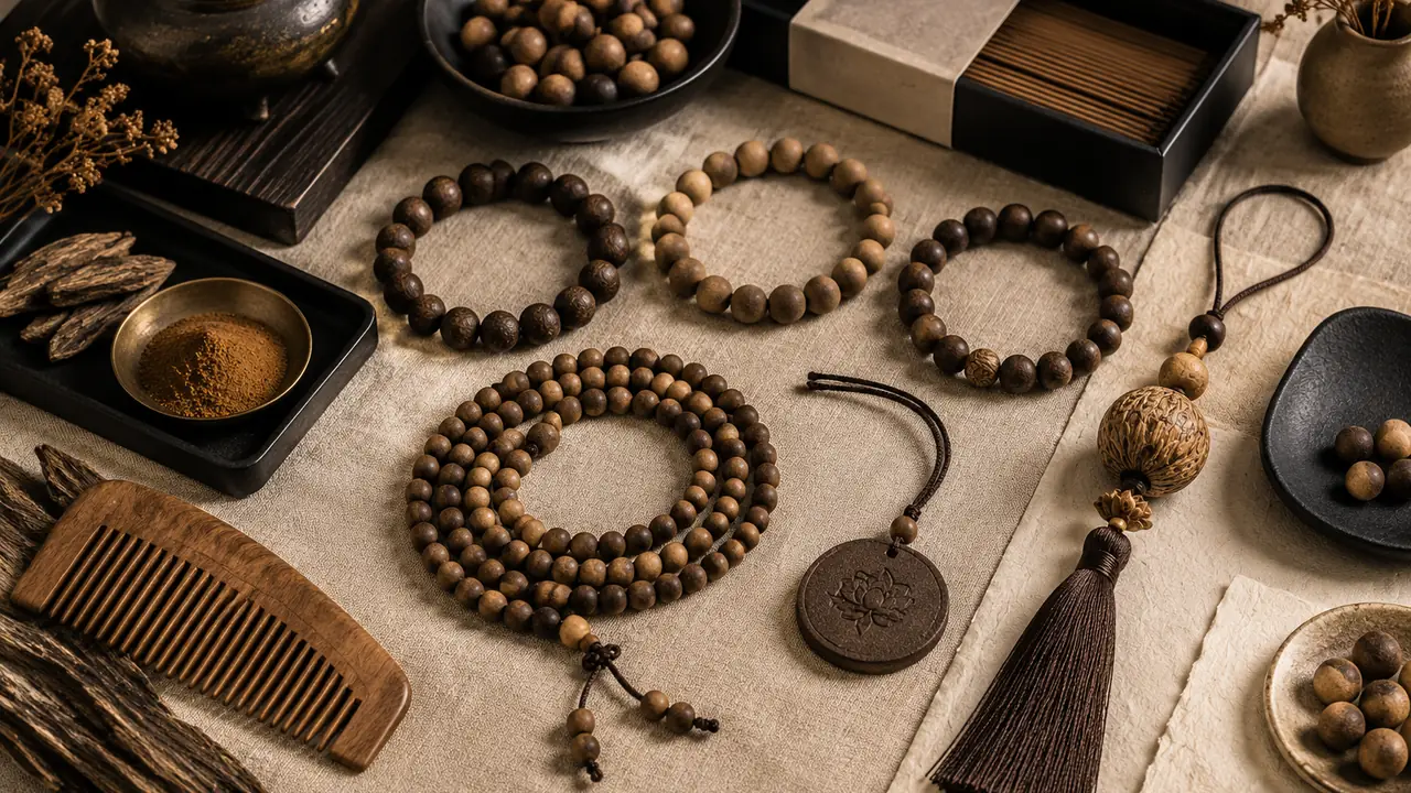 Incense bead bracelets, a pendant, a gift box and loose beads laid out on a dark wooden table