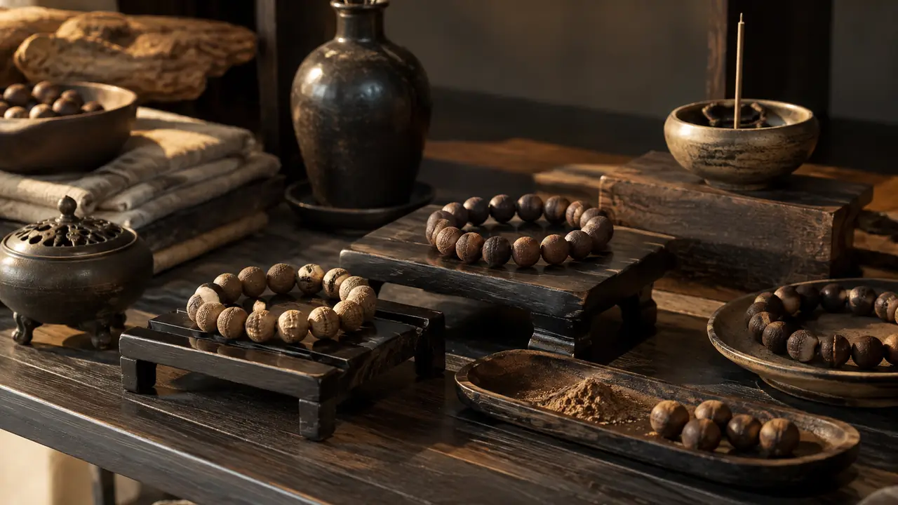 Six sample trays of incense bead bracelets, sticks and silver findings arranged by buyer program on a workbench