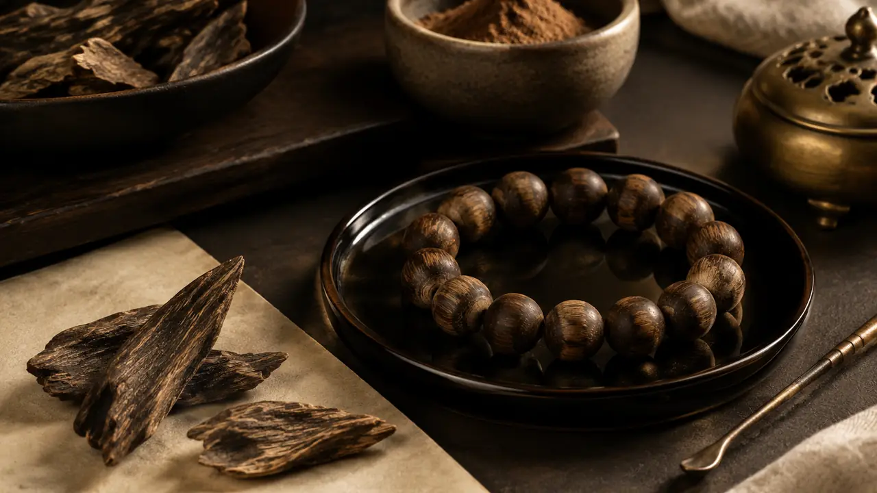 Dark brown agarwood incense bead bracelet on cord beside a small piece of agarwood resin wood on a slate dish