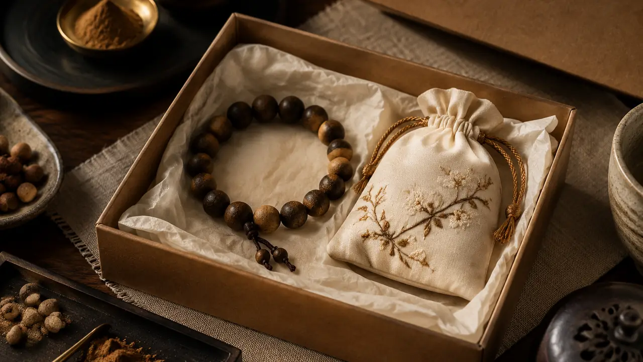 Incense bead bracelet beside an embroidered silk sachet and an open gift box lined with paper on a wooden table