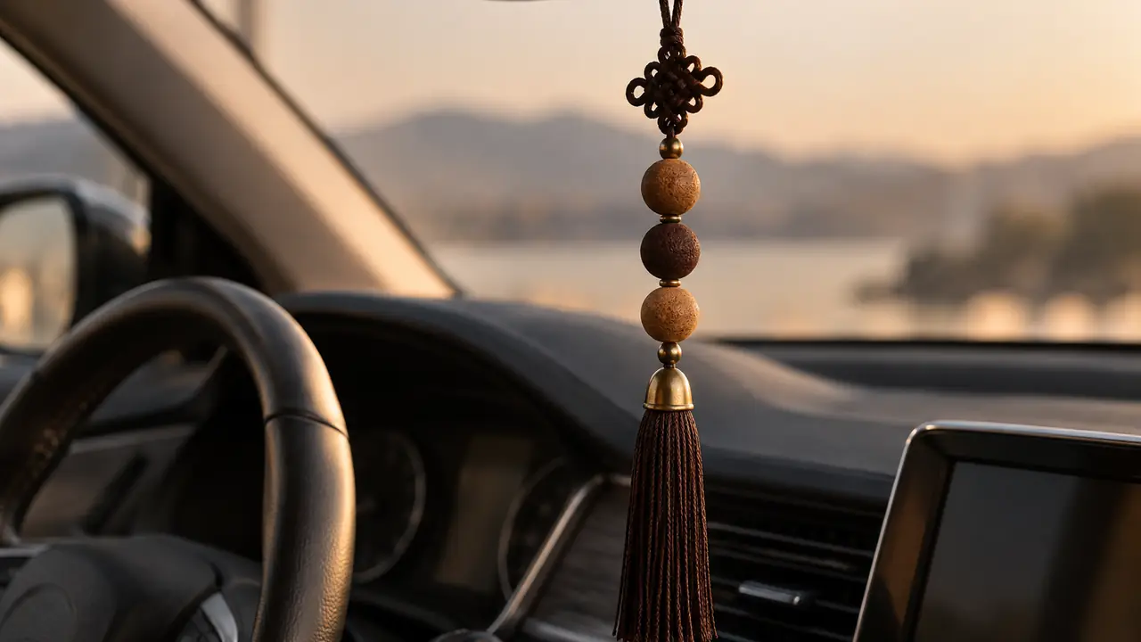 Sandalwood car hanging incense beads with a red knot and cotton tassel hanging from a rear-view mirror