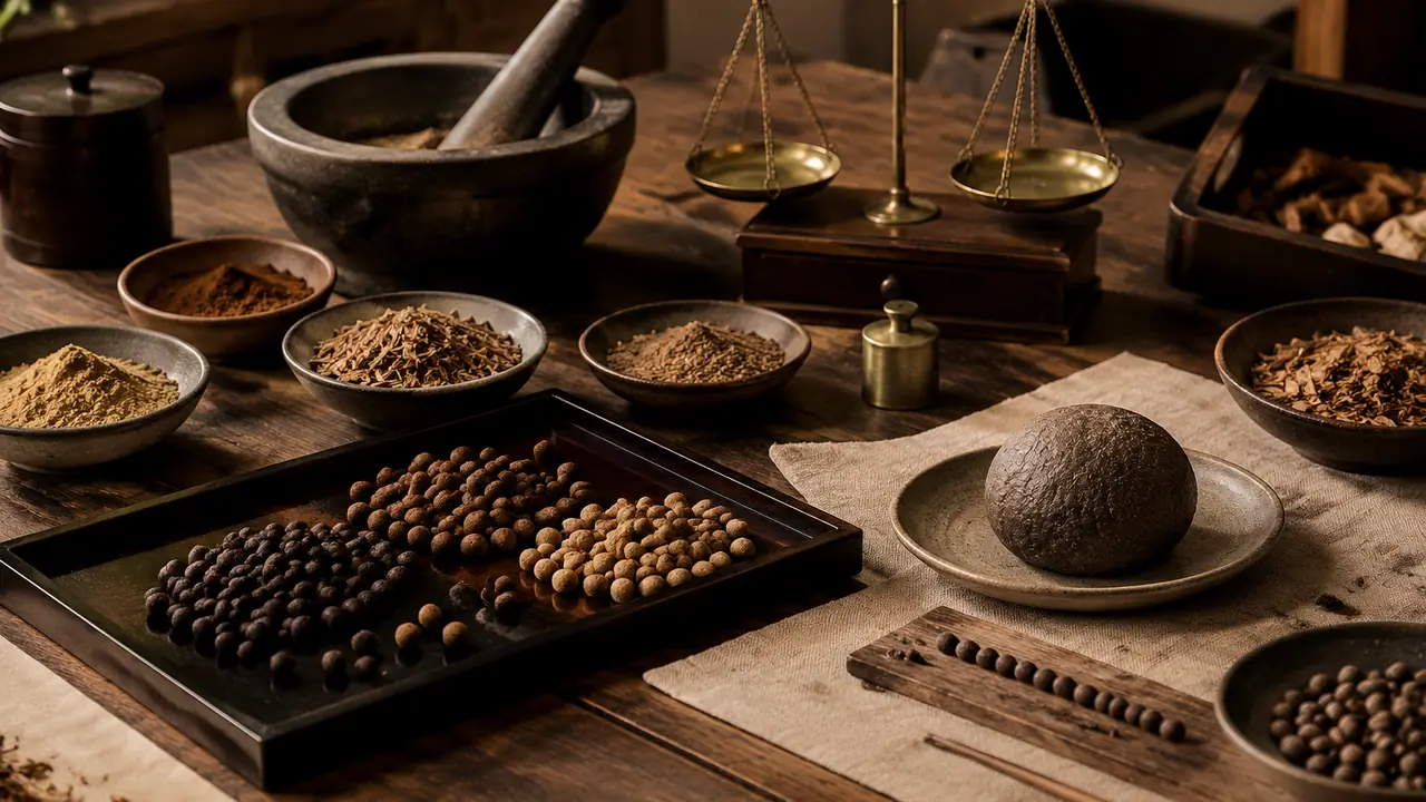 Custom blended incense development: a handwritten formula sheet, small sample beads and tablets and jars of powders