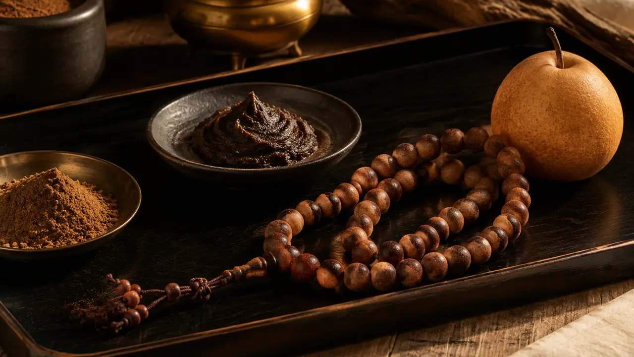 Reddish-brown goose pear incense beads on a cord beside a pear and a dish of dark incense paste