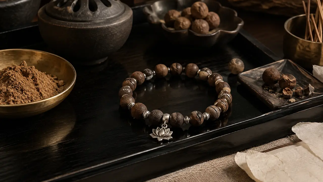 Sandalwood incense bead bracelet with polished silver spacers and a small round charm on a dark stone surface