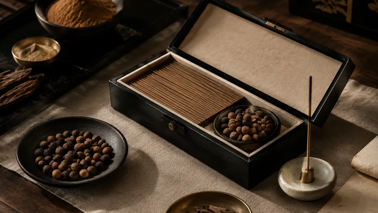 Open gift box with sandalwood incense sticks, round aged incense pills, a ceramic holder and a small burner