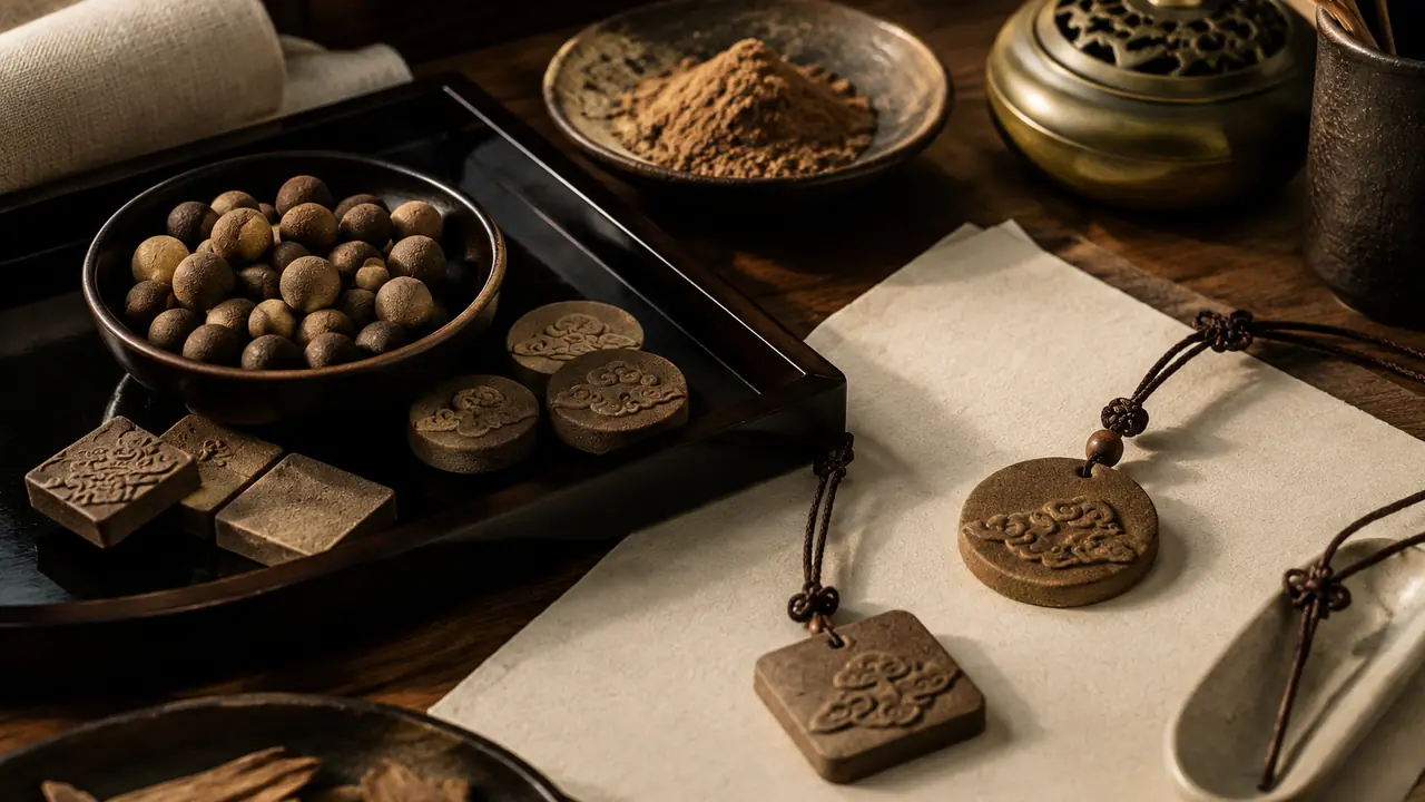 Round and rectangular pressed incense tablet pendants with carved patterns and tasselled cords on a wooden tray