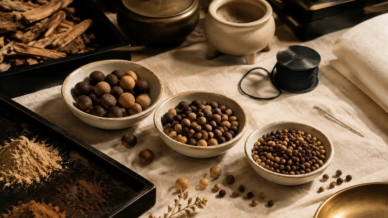 Loose sandalwood incense beads sorted by size in small dishes next to molds, cord and a bag of nanmu powder