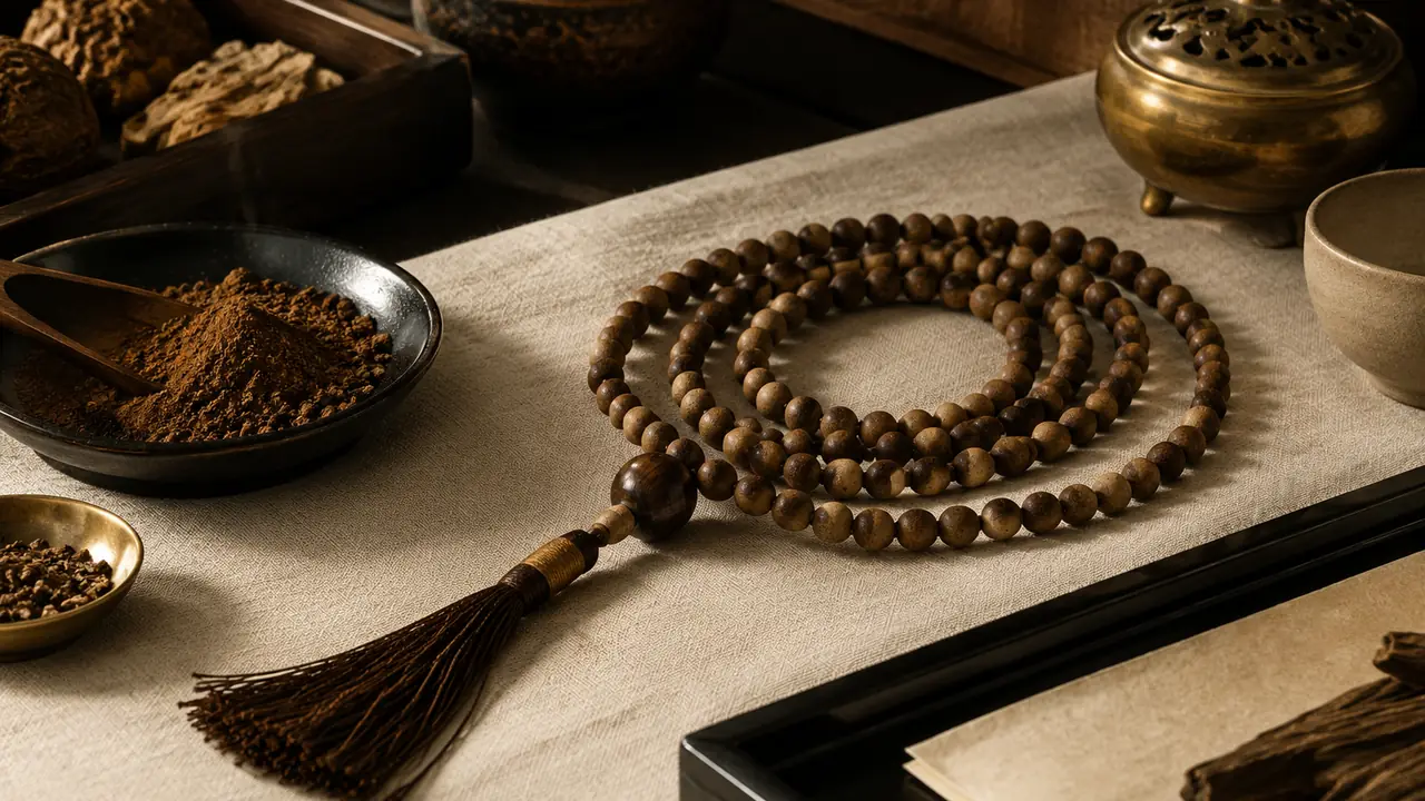 A knotted 108-bead incense bead strand with a guru bead and tassel coiled on a folded cotton cloth