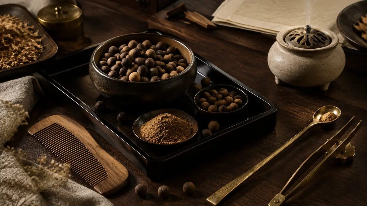 Carved sandalwood comb beside an incense spoon, tongs, a stick holder and a small ceramic burner on a tray