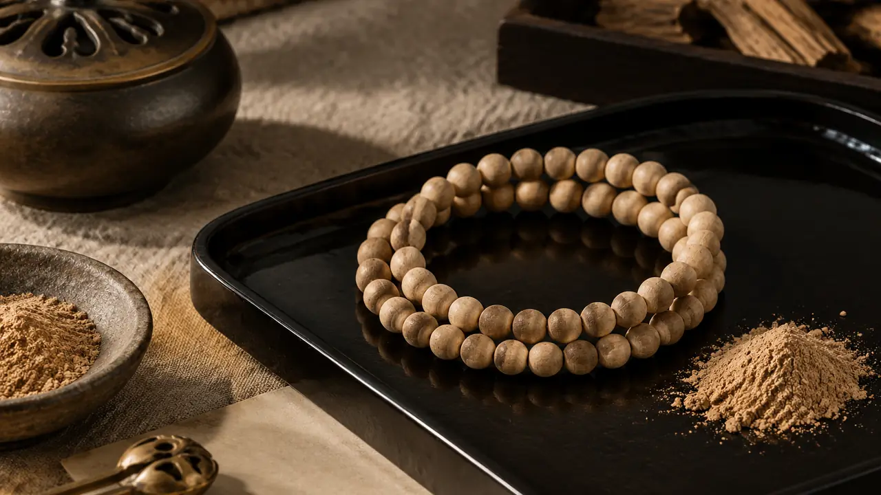 Warm tan sandalwood incense bead bracelet on elastic cord resting on a pale wooden tray with a sandalwood chip