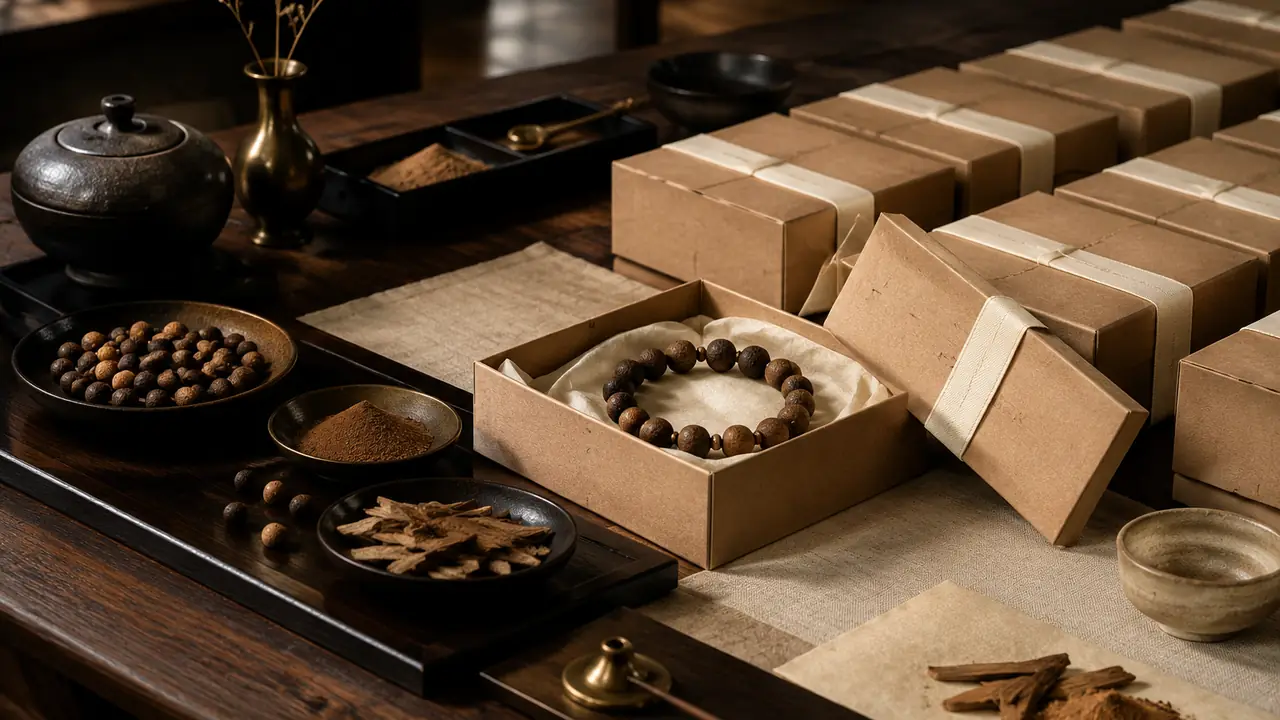 Seasonal corporate gift boxes holding a sandalwood incense bead bracelet, a sachet and an engraved incense tablet with a card