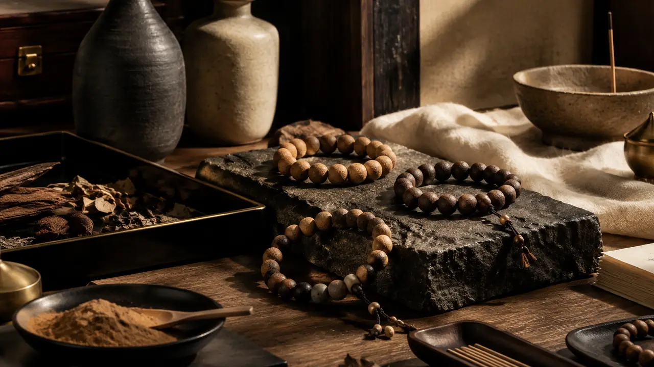 Fragrance brand shelf with sandalwood and agarwood incense bead bracelets, formula cards and kraft packaging