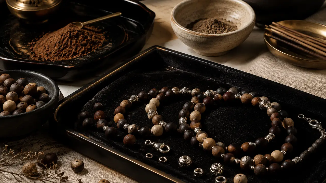 Jewelry designer bench with loose incense beads, 925 silver spacers, a calliper and finished bead and silver bracelets