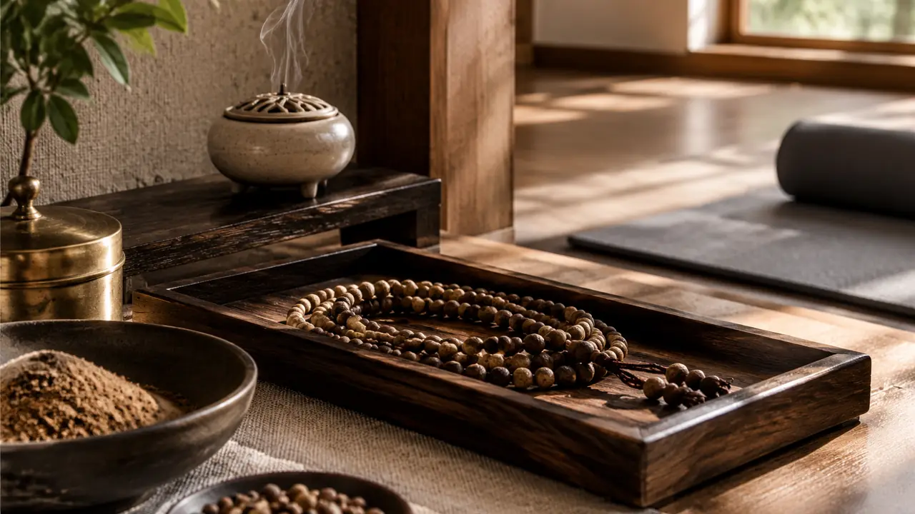 Yoga studio retail counter with 108 incense bead strands, wrist bracelets and a small card stand